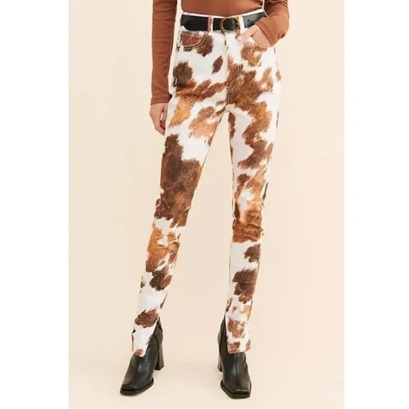 WeWoreWhat Cowhide Stiletto Slit Jeans Brown White Size 29 High Rise Horse Girl - Picture 2 of 7